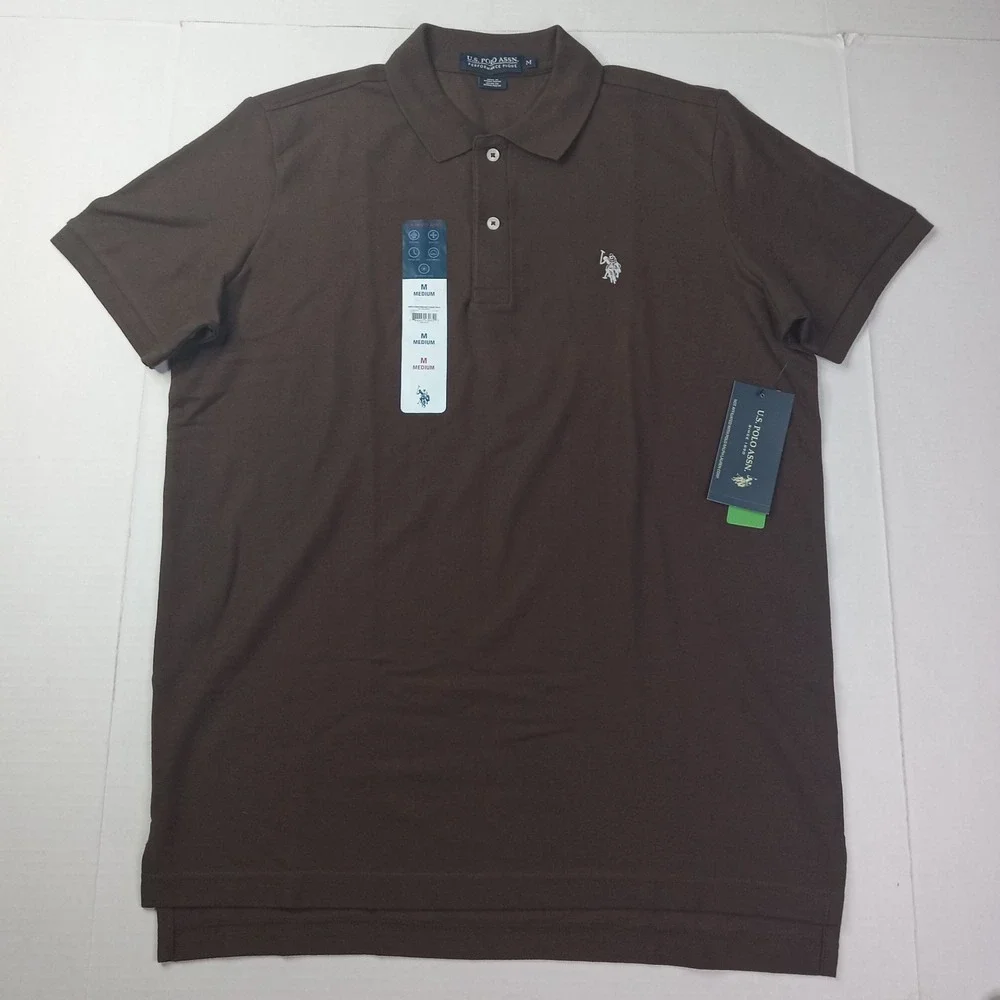 U.S. Polo Assn Performance Pique Polo Shirt Men's Size M Medium Brown Stretch